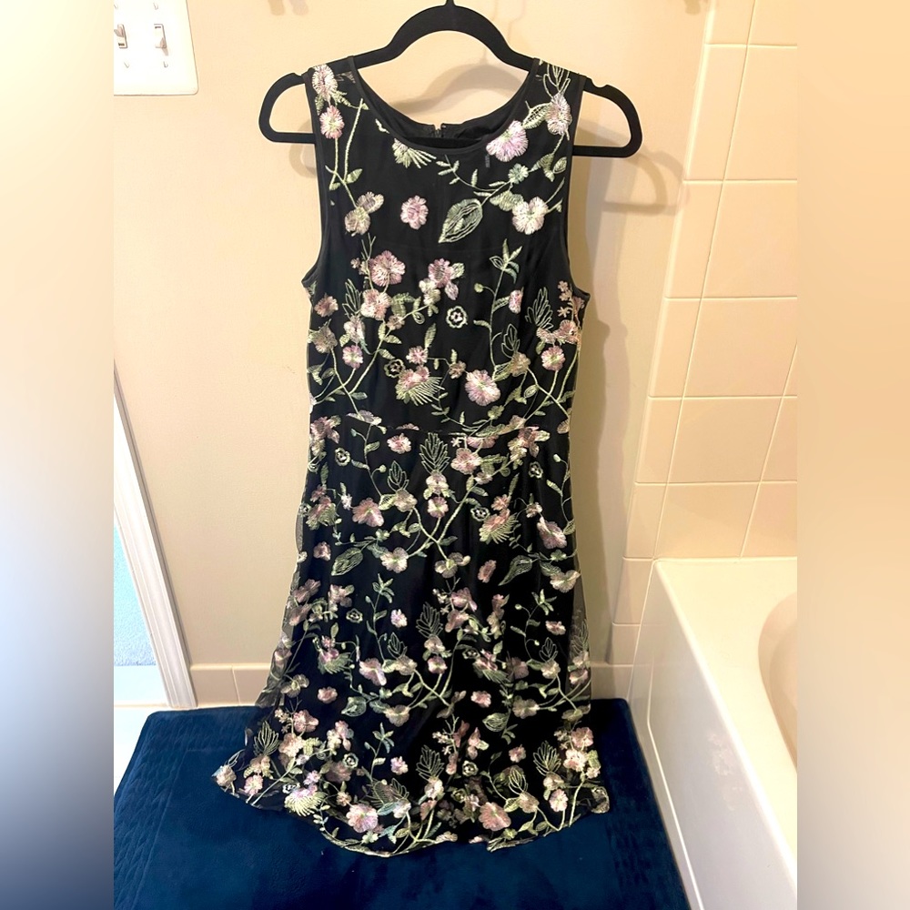DKNY Black Midi Dress with Embroidered Pink Flowers and Greenery in size USW10